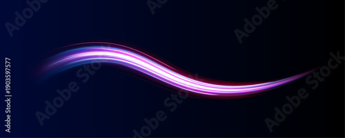 Abstract light streaks in blue and purple flow in spiral patterns. Motion blur and glowing highlights emphasize futuristic energy. Perfect for digital tech or cyber visuals.