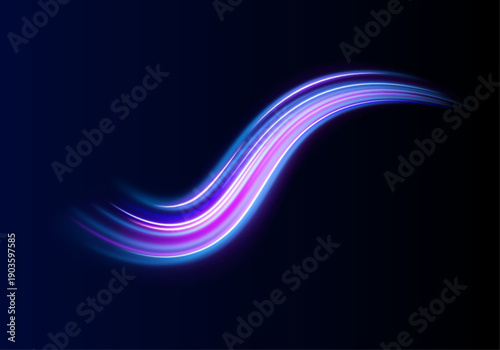 Dark blue background with ultraviolet neon glow and blurry light waves. Dynamic streaks and curves convey motion and high-tech energy. Perfect for abstract futuristic design.
