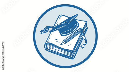 Hand-drawn style blue education icon with a graduation cap, book, and pencil, symbolizing academic learning and knowledge.