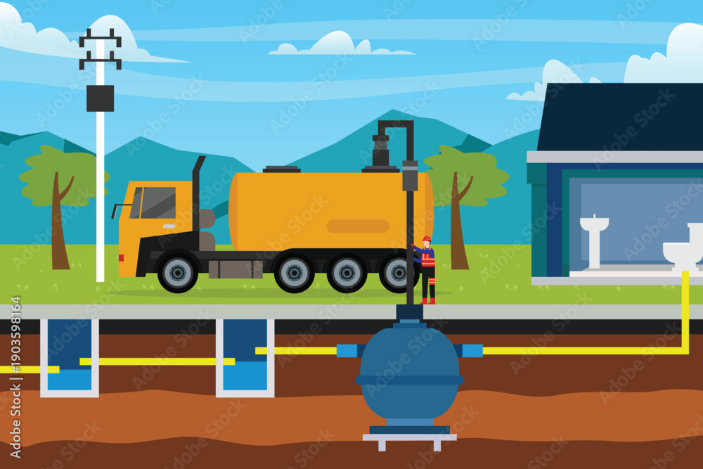 Fototapeta premium Professional Septic Tank Pumping and Sewage Maintenance Illustration with Vacuum Truck and Underground System 2d flat vector illustration