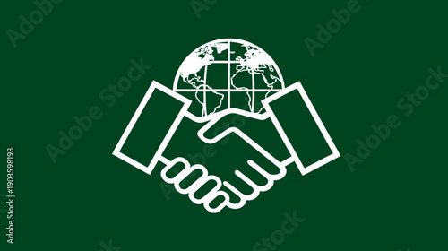 Global partnership handshake icon on green background. Symbolizing international business agreement, cooperation, unity, and worldwide collaboration.