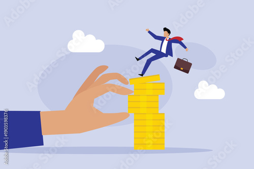 Businessman Falling from Toppling Stack of Gold Coins Due to Giant Hand Intervention 2d flat vector illustration