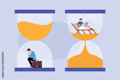 Work Life Balance and Time Management Concept with Businessman in Hourglass 2d flat vector illustration