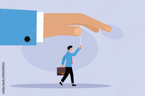 Corporate Manipulation Concept: Businessman as a Puppet Controlled by Giant Executive Hand 2d flat vector illustration