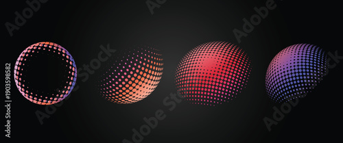 Collection of abstract halftone spheres with bright gradient colors, vector graphic elements for design