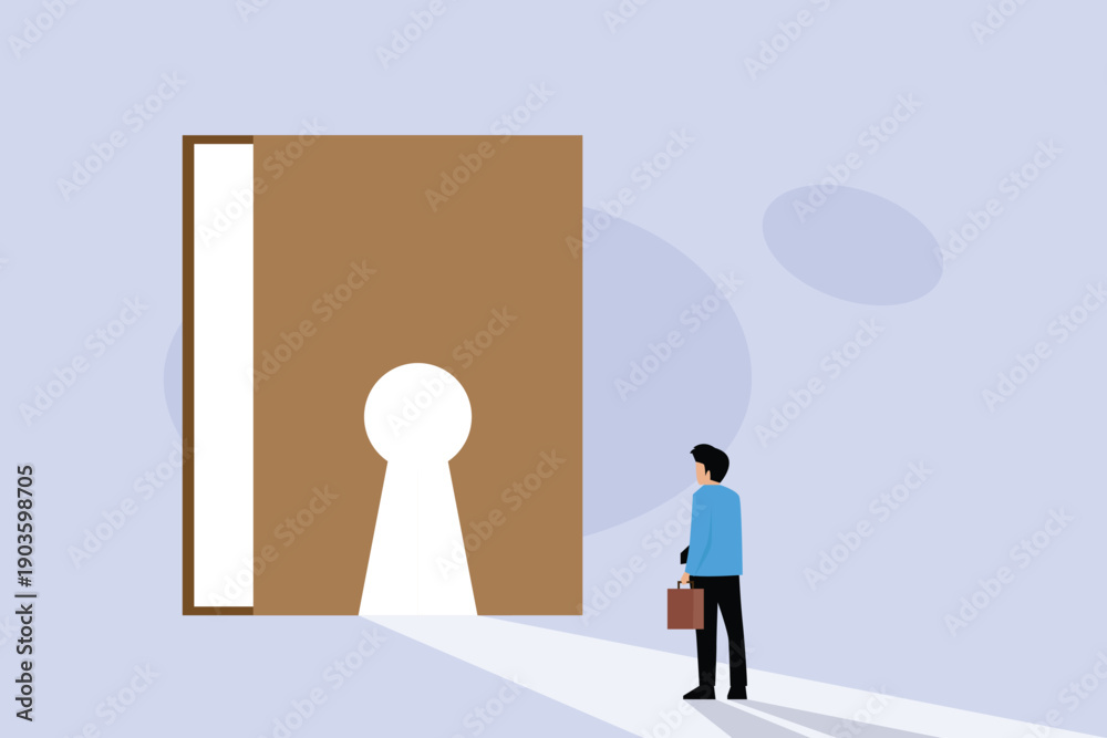 Obraz premium Businessman Facing Giant Book with Keyhole Door Concept for Knowledge and Opportunity 2d flat vector illustration