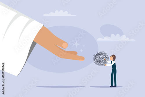 Supportive Giant Hand Reaching Out to Help Businesswoman with Stress and Mental Confusion 2d flat vector illustration