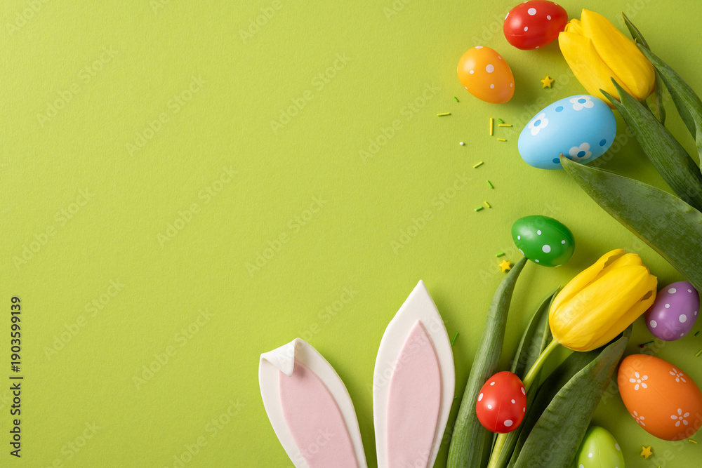 Obraz premium Bright Easter scene with pastel eggs, tulips, and bunny ears creates a festive mood for holiday greetings and spring celebration. Great for seasonal banners, cards, and online ads