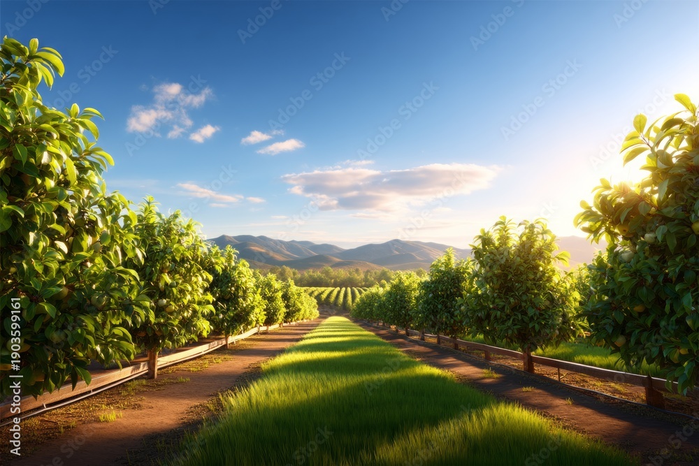 Fototapeta premium Tranquil Apple Orchard Landscape During Harvest Season with Soft Light