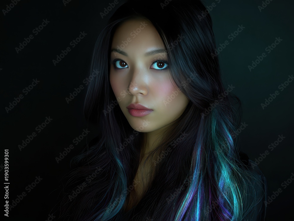 Fototapeta premium East asian woman, serious expression, glowing colorful hair highlights on dark background