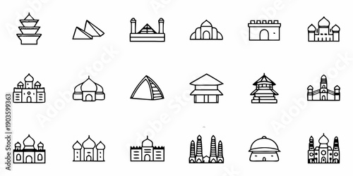 Set of iconic architectural landmarks and monuments in minimalist style