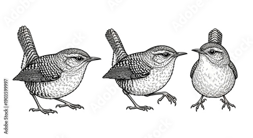 Foto Detailed hand-drawn sketch of small Eurasian on transparent Background or Carolina wrens in various poses (side view, front view), perfect for nature, garden bird, or wildlife design projects