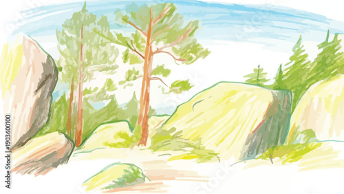 Hand drawn colored pencil sketch depicts a vibrant, sunlit mountain landscape featuring tall pine trees nestled between large, rugged granite boulders under a bright blue sky.