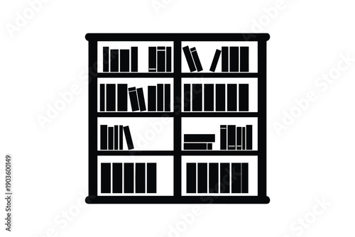 Bookshelf with books icon or logo isolated on a white background, black and white image
