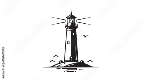 Lighthouse Standing on Rocky Coast with Seagulls Flying