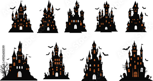 Halloween haunted castle silhouette set spooky horror mansions with bats graveyard dark vector illustration collection isolated background pack