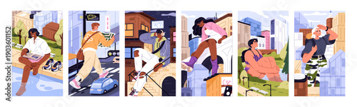 Set of cards with giants walking on urban streets. Big people are strolling among skyscrapers and buildings. Large girls and boys relax, navigate and travel in town. Flat vector illustrations.
