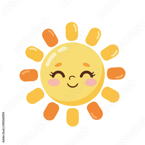 A cheerful cartoon sun vector with a smiley face and rosy cheeks against a clean white background with a warm and joyful mood.