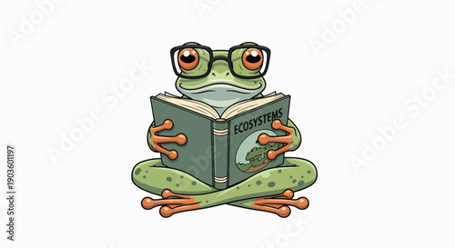 Illustration of a green frog wearing glasses and reading a book against a clean white background with a playful mood.