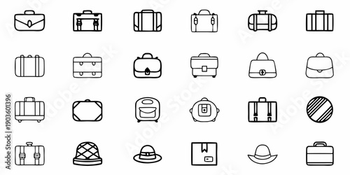 Collection of modern luggage and hat icons for travel and fashion designs