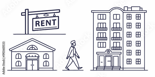 Person walking towards a modern apartment building with a for rent sign