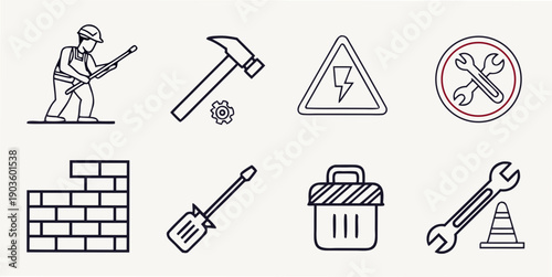 Assorted construction tools and materials in a grid layout