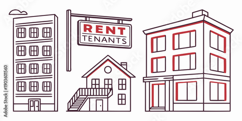 Illustration of various buildings with for rent signs in front of them.