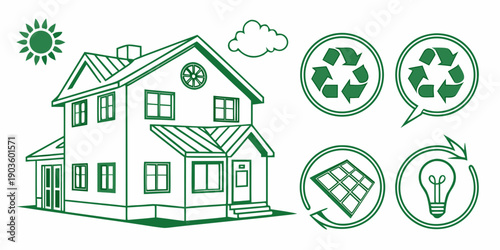 Modern home with sustainable energy features and eco-friendly icons