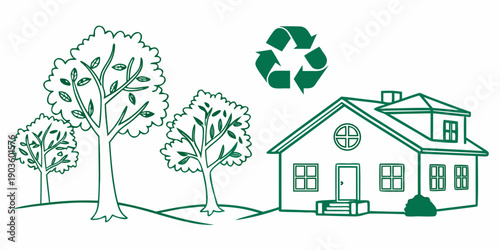 Illustration of a house with trees and a recycling symbol promoting sustainability.