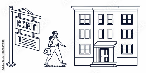 A woman walks past a building with a for rent sign in front of it.