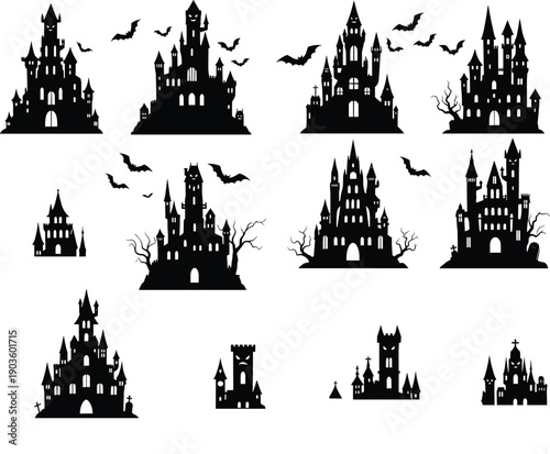 Halloween haunted castle silhouette bundle spooky gothic mansions with bats dark horror vector illustration set isolated collection pack