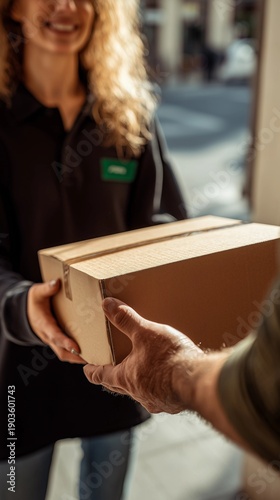Hands of courier hold cardboard box to smiling customer,E-commerce express logistics theme