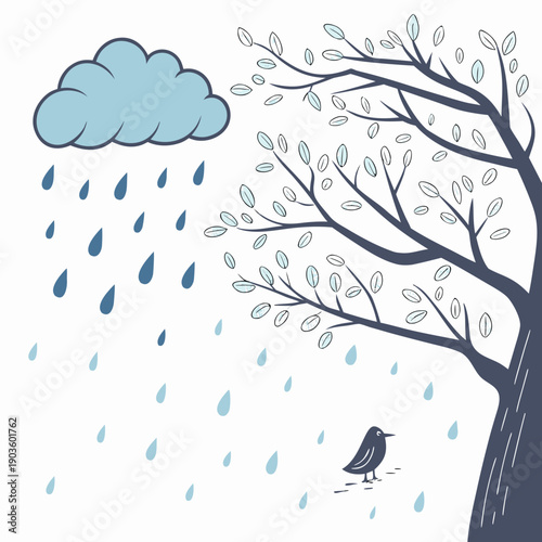 A bird's eye view of a rainy day in a park with a single bird flying away