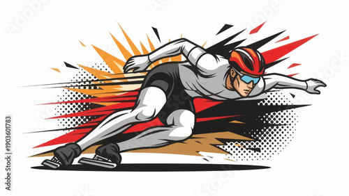 Dynamic illustration of a speed skater in motion with geometric background