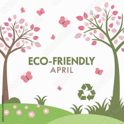 Beautiful illustration of eco-friendly april with blossoming trees and green grass