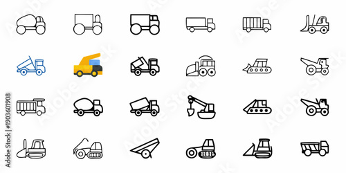 Collection of construction vehicles and trucks in simple line styles