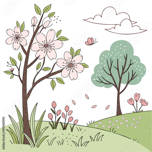 A serene spring landscape with blooming cherry blossom trees and a clear blue sky.