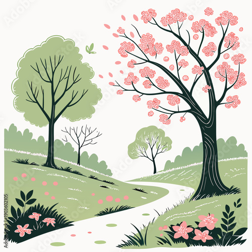 A serene path through a blooming garden with cherry blossom trees