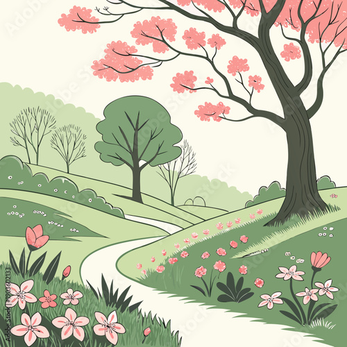 A serene landscape with blooming cherry blossom trees and a winding path.