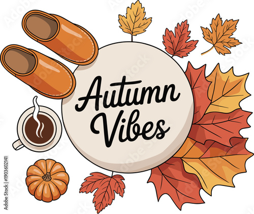 autumn, vibes, cozy, fall, illustration, leaves, coffee, slippers, pumpkin, seasonal, warm, hygge, design, vector, background, orange, lifestyle, template, greeting, banner