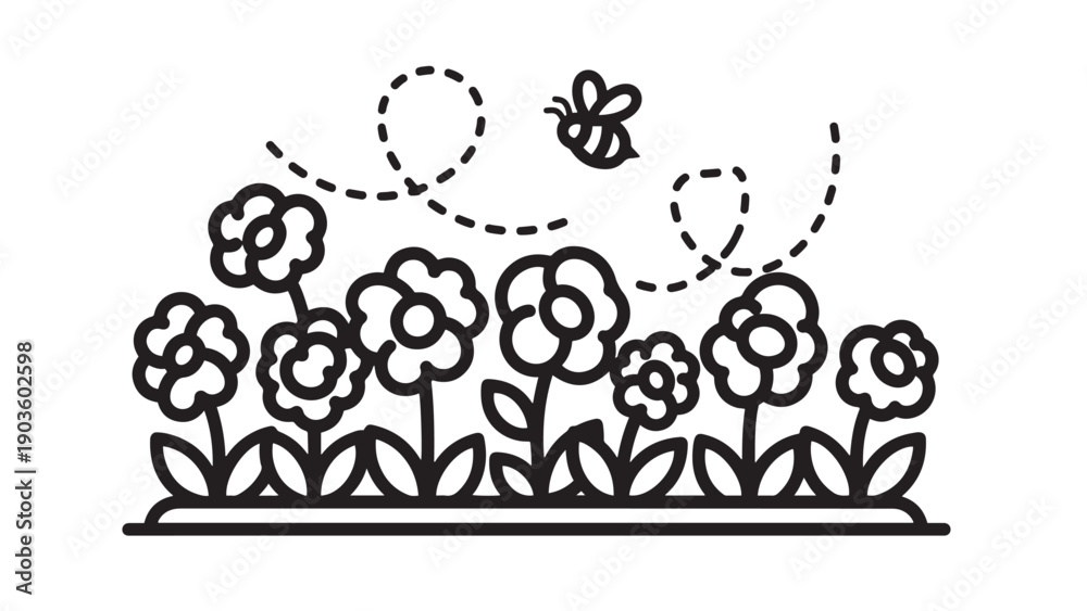 Obraz premium Pollinator Garden Bed With Stylized Flowers And Bee Flight Path — Native Habitat Planting Vector For Urban Greening