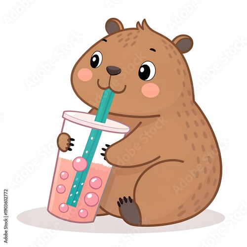 Cute Capybara Drinking Bubble Milk Tea, 3D Vector Illustration, Adorable Animal Character on the white background.