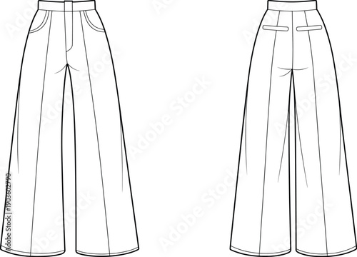 Flat fashion technical sketch of women high waisted wide leg flare trousers front and back view outline template isolated on white background digital illustration