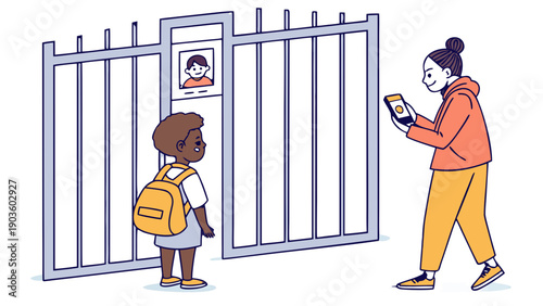 Biometric Facial Recognition Security Gate with Parent and Child Scanning,  Illustration of a parent using a smartphone to scan a child's face at a biometric security gate, showing the match