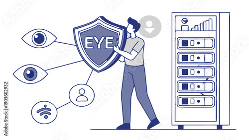 Data Privacy Shield Protecting User from Digital Surveillance Illustration,  Illustration of a man holding a protective shield labeled "EYE" to block surveillance eyes and tracking signals
