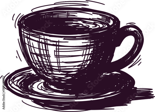 A cup of tea on a saucer with a patterned design in a simple artistic style  isolated on white background