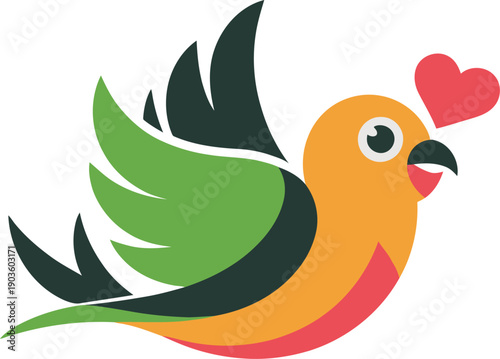 A colorful cartoon bird with a heart flying through the air express love and affection with its wings spread wide