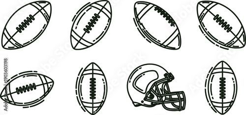 American football balls and helmet icons in simple line art style for sports design and illustration uses freely  various angles