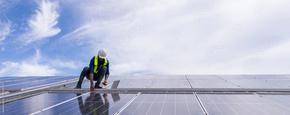 Obraz premium Engineer service check installation solar cell on the roof of factory. Engineers walking on roof inspect and check solar cell panel. Engineer working inspection installation solar cell on the roof