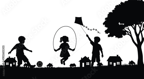 Children Playing Outdoors Silhouette Vector Featuring Boy Kicking Soccer Ball, Girl Jumping Rope, and Boy Flying Kite in Neighborhood Park Scene (21 words)